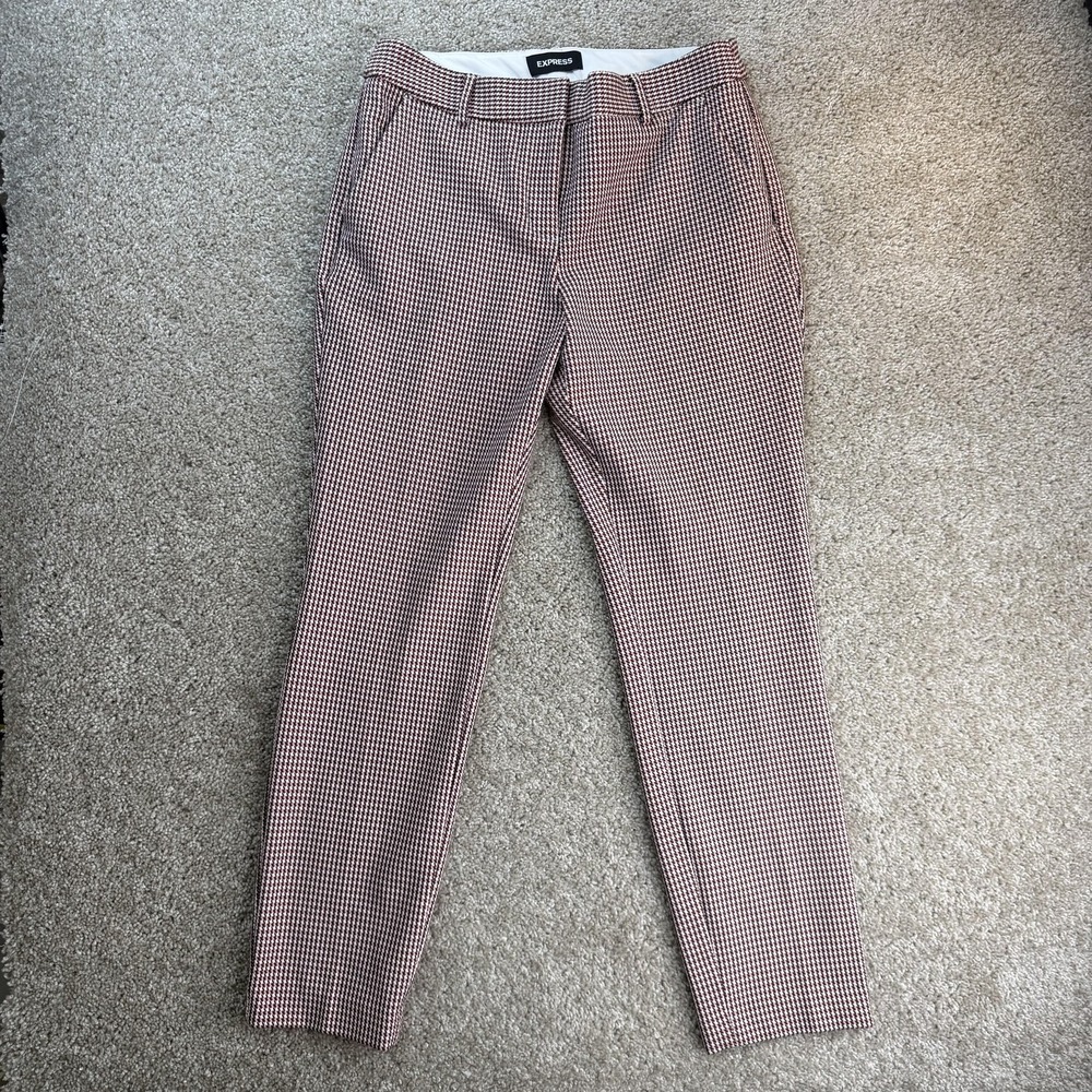 Express Dress Pants Womens 6 Red Check Columnist Ankle Slim Stretch Workwear